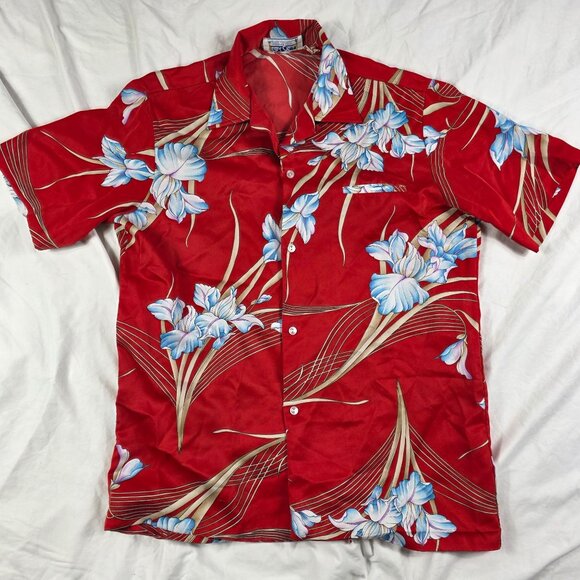 Vintage Waltah Clarks Mens Large Red Blue Floral Button Up Hawaiian Shirt Casual - Picture 1 of 8